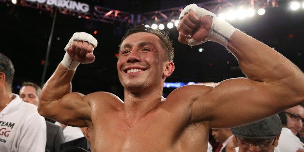 NEW YORK, NY - JULY 26: Gennady Golovkin (white trunks) celebrates his 3rd round TKO win over Daniel Geale (not shown) at Madison Square Garden on July 26, 2014 in New York City. (Photo by Ed Mulholland/K2 Promotions via Getty Images)