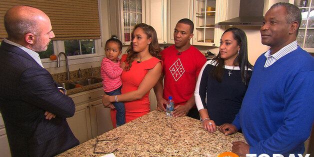 In this image from video provided by The Today Show, host Matt Lauer, left, interviews Janay Rice, holding daughter Rayven, and Ray Rice. Joining them are Janay's parents, Candy and Joe Palmer, right. Janay Rice says NFL Commissioner Roger Goodell wasn't being honest when he said Ray Rice was "ambiguous" about hitting her in a casino elevator. (AP Photo/The Today Show)