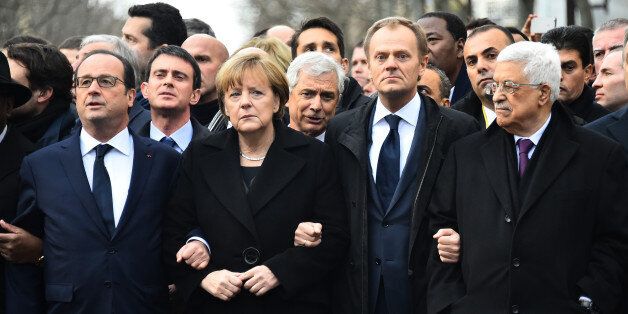 (L-R) French President Francois Hollande, German Chancellor Angela Merkel, President of the European Council Donald Tusk, Palestinian Authority President Mahmoud Abbas during a silent march against terrorism in Paris, France on January 11, 2015. Several European heads of state joined the manifestation to express their solidarity following the recent terrorist attacks in France and to commemorate the victims of the attack on French satirical weekly Charlie Hebdo and a kosher supermarket in Paris. Photo by Thierry Orban/ABACAPRESS.COM