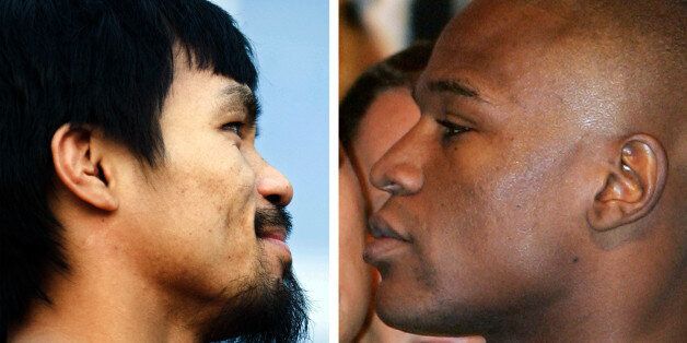 A combo of file pictures shows World boxing champion Manny Pacquiao of the Philippines (L) before the successful defence of his WBO welterweight title in Dallas on March 12, 2010 and Floyd Mayweather Jr. (R) before his super welterweight title fight in Las Vegas on May 4, 2007. Pacquiao announced on May 12, 2010 that he wanted to face Floyd Mayweather for his last professional fight after launching a political career in the Philippines. A Pacquiao-Mayweather clash, which US promoter Bob Arum said could take place on November 13, 2010 in Texas or Las Vegas, would likely generate one of the biggest purses and television audiences in boxing history. AFP PHOTO / Chris Cozzone / Robyn BECK (Photo credit should read Chris Cozzone/AFP/Getty Images)