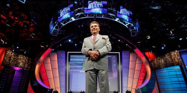 In this photo taken on Feb. 3, 2012, Chilean born host of the Univision network variety show "Sabado Gigante," Mario Kreutzberger, popularly known as Don Francisco, stands on the set of his show in Miami. Kreutzberger celebrates 50 years of hosting the show this year. (AP Photo/Wilfredo Lee)