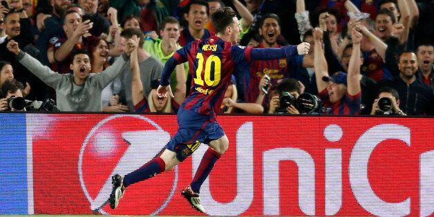 Barcelona's Lionel Messi celebrates after scoring the opening goal during the Champions League semifinal first leg soccer match between Barcelona and Bayern Munich at the Camp Nou stadium in Barcelona, Spain, Wednesday, May 6, 2015. (AP Photo/Manu Fernandez)