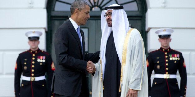 President Barack Obama, left, shakes hands with Sheikh Mohamed bin Zayed Al Nahyan, Crown Prince of Abu Dhabi, Deputy Supreme Commander of the UAE Armed Forces and Chairman of the Executive Council of the Emirate of Abu Dhabi, as he arrives at the South Lawn of the White House in Washington, Wednesday, May 13, 2015. Gulf nation leaders gathered in Washington to warn President Barack Obama of the risks of completing a nuclear deal with Iran. Obama will try to convince them of the potential benefits for the region. (AP Photo/Carolyn Kaster)