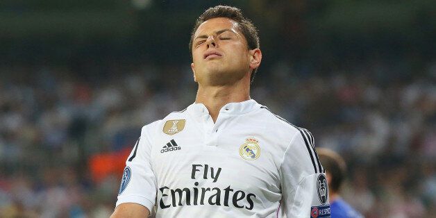 MADRID, SPAIN - MAY 13: Javier Hernandez of Real Madrid reacts after a missed chance on goal during the UEFA Champions League Semi Final, second leg match between Real Madrid and Juventus at Estadio Santiago Bernabeu on May 13, 2015 in Madrid, Spain. (Photo by Alex Livesey/Getty Images)