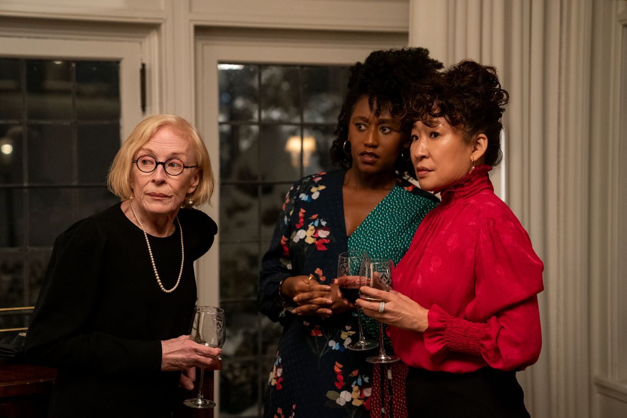 Joan (Holland Taylor), Yaz (Nana Mensah) and Ji-Yoon (Sandra Oh) at a faculty event.