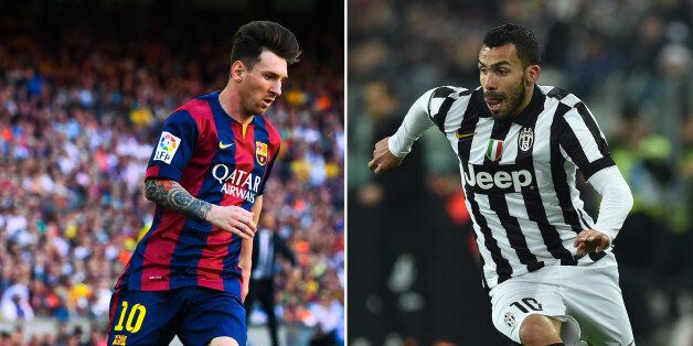 (FILE PHOTO - Image Numbers 472965042 (L) and 466474138) In this composite image a comparison has been made between Lionel Messi of FC Barcelona (L) and Carlos Tevez of Juventus FC. Juventus and FC Barcelona meet each other in the UEFA Champions League Final at the Olympiastadion Stadium on June 6, 2015 in Berlin,Germany. ***LEFT IMAGE*** BARCELONA, SPAIN - MAY 09: Lionel Messi of FC Barcelona runs with the ball during the La Liga match between FC Barcelona and Real Sociedad de Futbol at Camp Nou on May 9, 2015 in Barcelona, Spain. (Photo by David Ramos/Getty Images) *** RIGHT IMAGE*** TURIN, ITALY - MARCH 09: Carlos Tevez of Juventus FC in action during the Serie A match between Juventus FC and US Sassuolo Calcio at Juventus Arena on March 9, 2015 in Turin, Italy. (Photo by Valerio Pennicino/Getty Images)