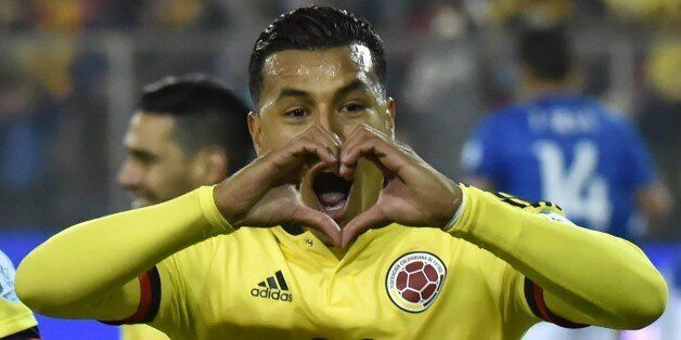 Colombia's defender Jeison Murillo celebrates after scoring against Brazil during their Copa America football match, at the Estadio Monumental David Arellano in Santiago, Chile, on June 17, 2015. AFP PHOTO / NELSON ALMEIDA (Photo credit should read NELSON ALMEIDA/AFP/Getty Images)