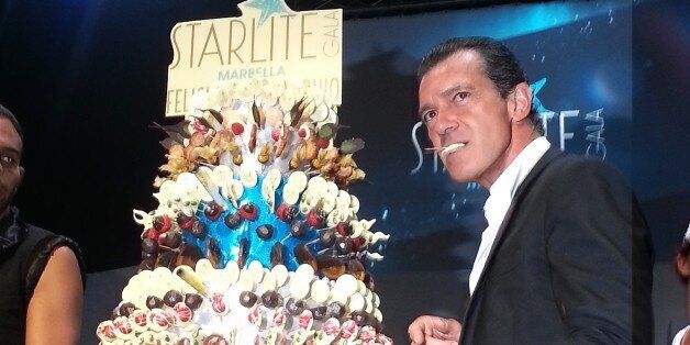 MARBELLA, SPAIN - AUGUST 09: Antonio Banderas receives a cake for his 54th birthady during the 5th annual Starlite Charity Gala on August 9, 2014 in Marbella, Spain. (Photo by Europa Press/Europa Press via Getty Images)