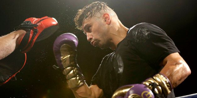 Boxer David Lemieux works out in front of the media in New York, Tuesday, Oct. 13, 2015. Lemieux will fight Gennady Golovkin in New York on Oct. 17, at Madison Square Garden. (AP Photo/Seth Wenig)