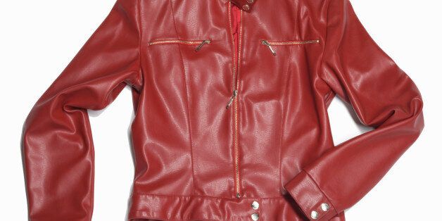 Woman's red leather jacket on white background