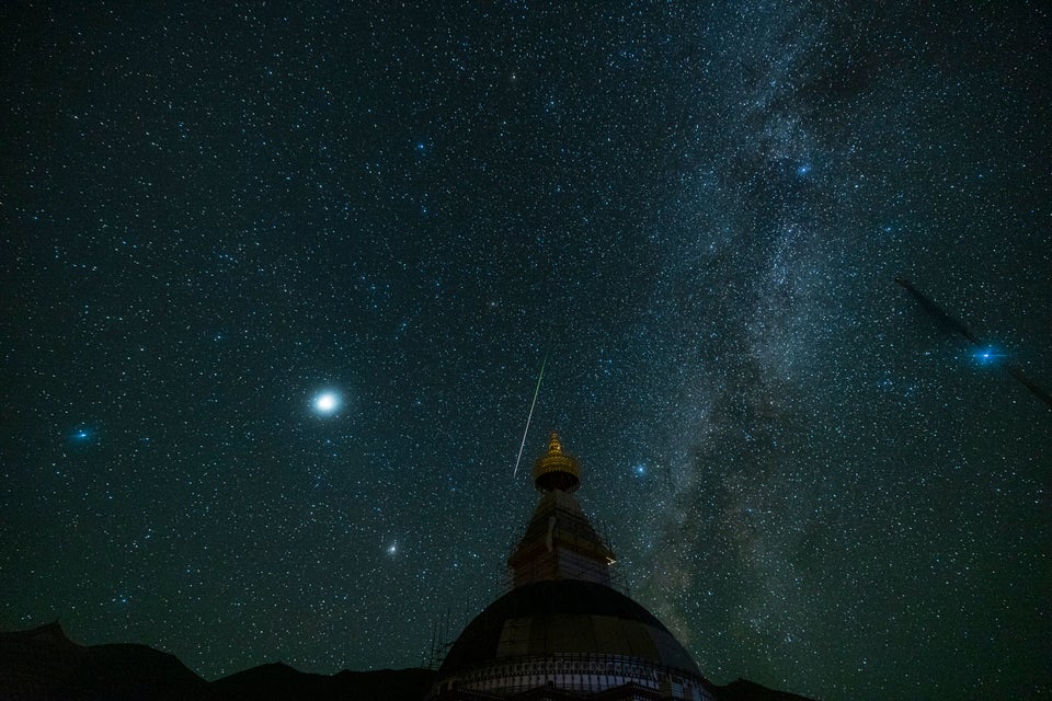 Perseid meteors streak over sky on August 13, 2021 in Golog Tibetan Autonomous Prefecture, Qinghai Province...