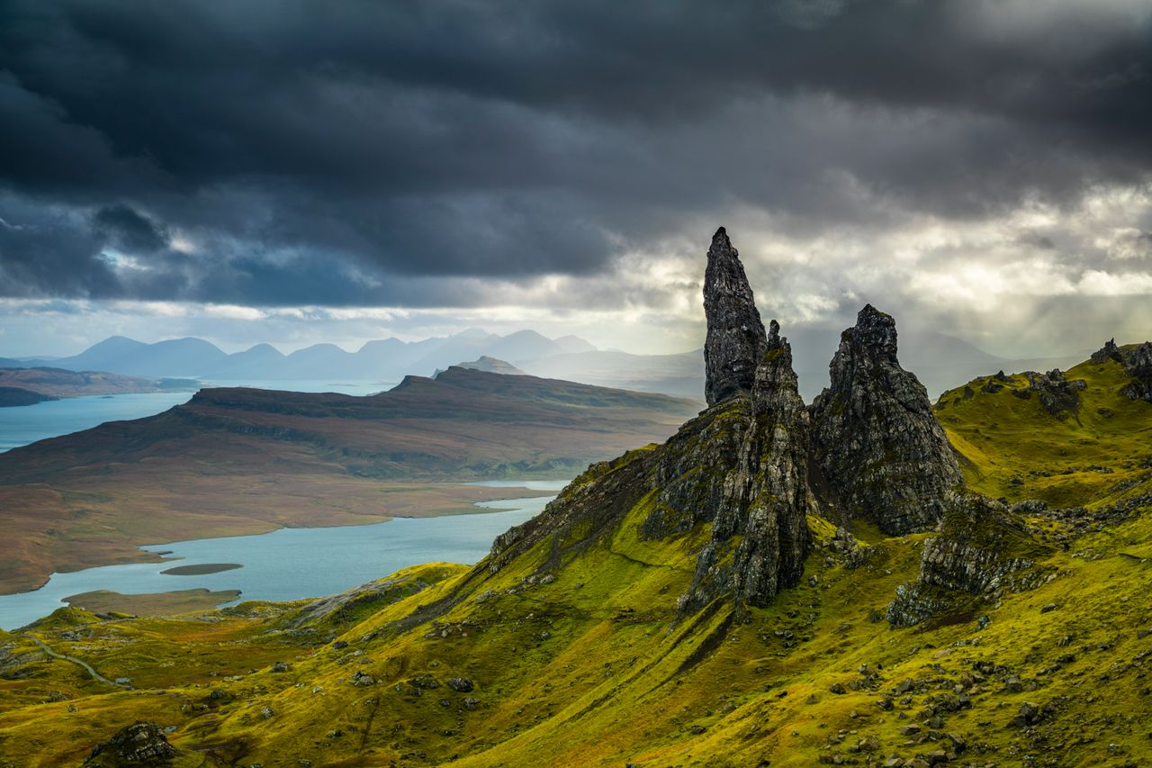 Famous rock formation Old Man of Storr located on the Trotternish peninsula of the Isle of Skye in Scotland.