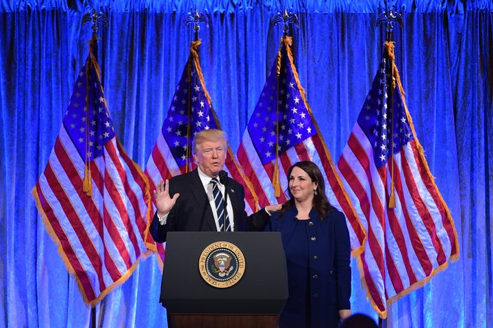 Then-President Donald Trump with RNC Chair Ronna Romney McDaniel at a fundraiser in New York on Dec. 2, 2017.