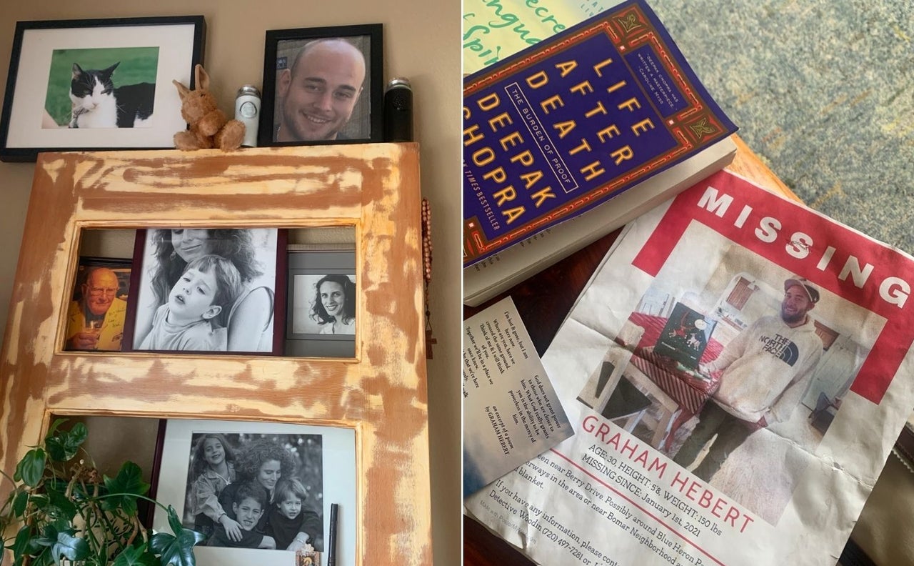 Left: In a prominent corner in her living room, Michele Bourgeois keeps photos of her son, Graham Hebert, and his liquid and bone remains (the two bottles on the top shelf). Right: A poster asking for the public's help in locating Hebert, who went missing on New Year's Day, 2021. 