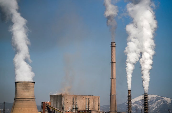 A picture taken on March 25 shows smoke and vapor billowing from the Bobov Dol Thermal Power Plant, a coal plant in Bulgaria.