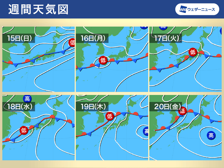 週間予想天気図 15日(日)～20日(金)