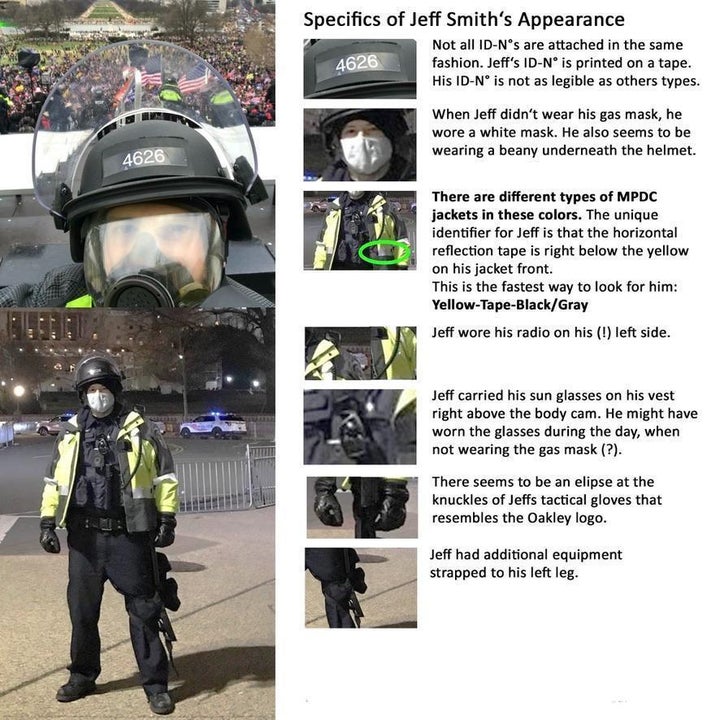 The spec sheet that members of "Team Jeff (4626)" came up with to find Officer Jeffrey Smith at the Capitol on Jan. 6.