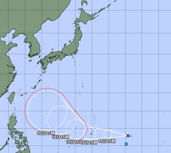 「台風12号」になると見込まれる熱帯低気圧の経路図（15日午後4時発表）