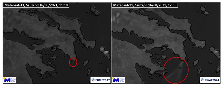 Ο ευρωπαϊκός μετεωρολογικός δορυφόρος Meteosat-11 κατέγραψε εικόνες σαν αυτές που εξεργάστηκε στο Εθνικό Αστεροσκοπείο Αθηνών / meteo.gr. Ο καπνός έγινε για πρώτη φορά ορατός από τον δορυφόρο από λίγο μετά τις 11:00, οπότε και έφτασε πάνω από την θάλασσα (αριστερά). Παρασυρόμενος από τους ισχυρούς βόρειους ανέμους έφτασε λίγο πριν τις 13:00 στο ύψος των Σπετσών (δεξιά)