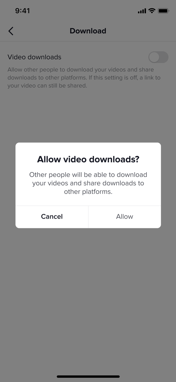 Pop-up de TikTok sobre la descarga de vídeos.