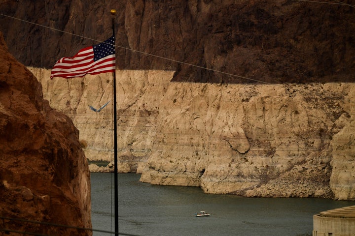 Lake Mead's "bathtub ring" is visible at sunset due to low water levels on July 19, 2021.