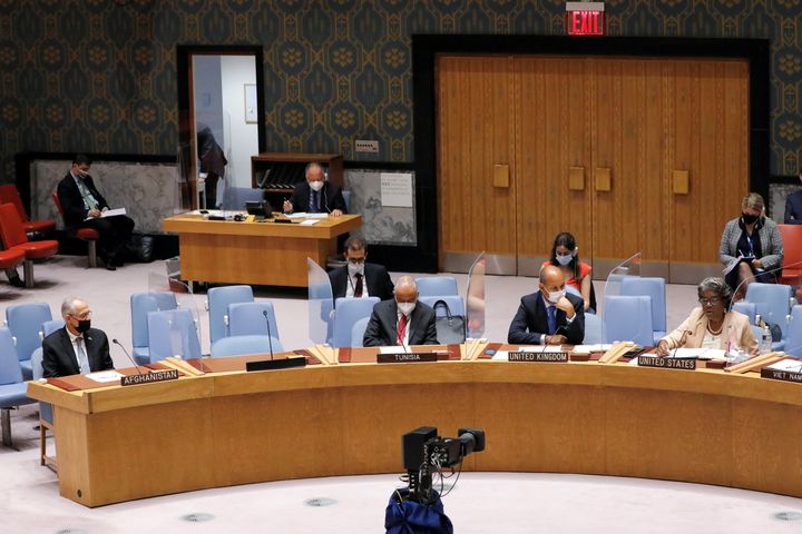 Στιγμιότυπο από την αποψινή συνεδρίαση του Συμβουλίου Ασφάλειας του ΟΗΕ για το Αφγανιστάν. 