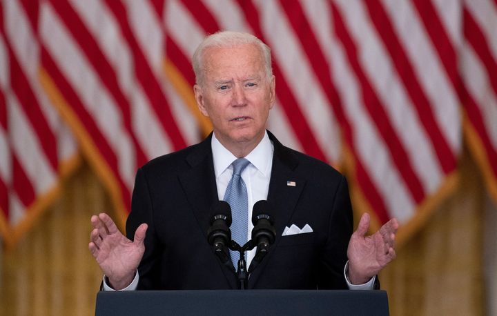 Joe Biden speaks about the Taliban's takeover of Afghanistan from the East Room of the White House on Aug. 16, 2021.