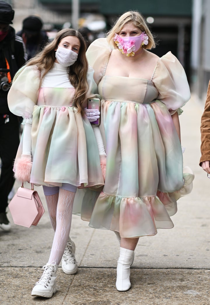 Ella Sophie and Michelle Blashka in Selkie puff dresses outside the Rebecca Minkoff show during New York Fashion Week on Feb. 16.