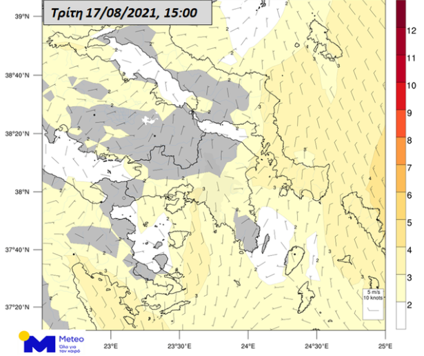 Πρόγνωση του πεδίου των ανέμων το μεσημέρι για την Αττική