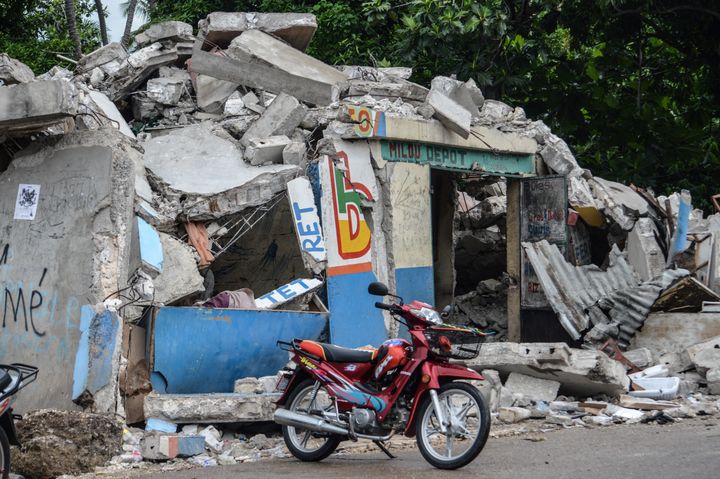 Photo taken on Aug. 16, 2021, shows a collapsed building after an earthquake, in Les Cayes, Haiti. 