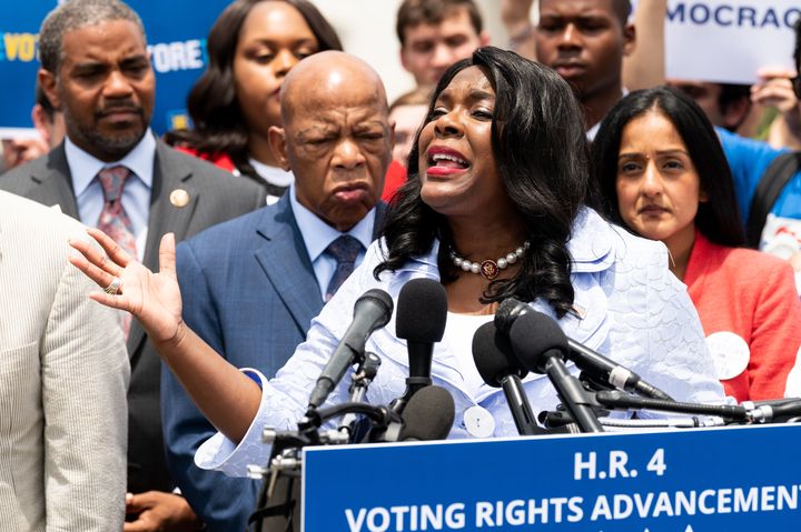 Rep. Terri Sewell (D-Ala.) speaking at a rally introducing the 2019 version of H.R.4, the Voting Rights Advancement Act. She introduced a new version in 2021.