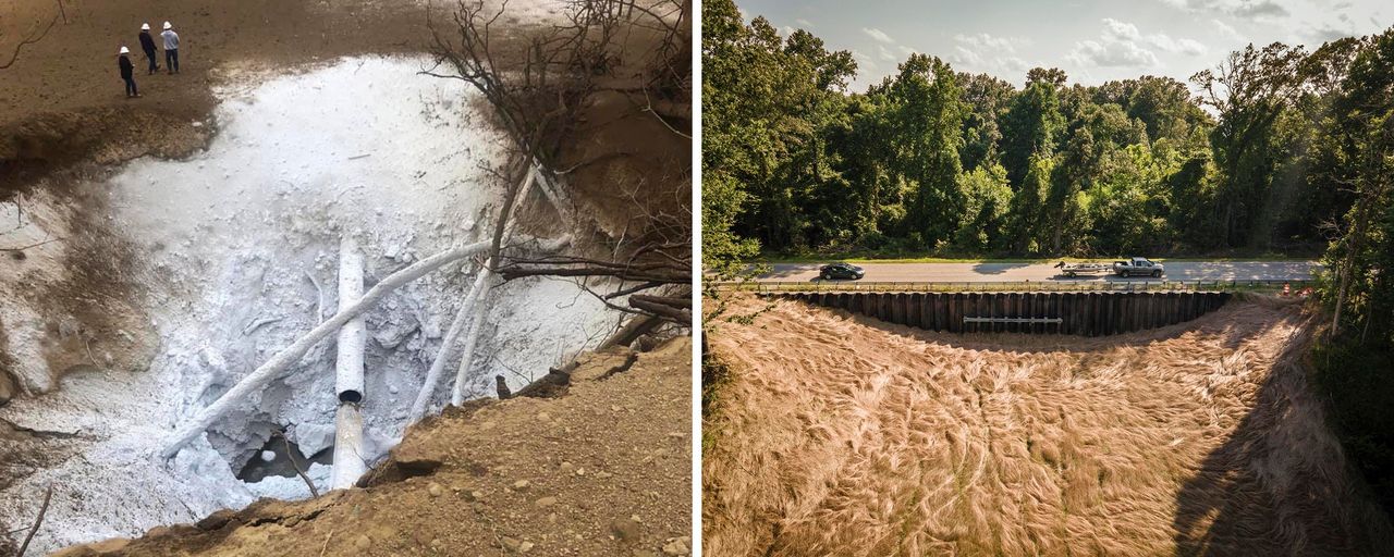 LEFT: The CO2 pipeline rupture. RIGHT: Vehicles pass over the pipeline explosion site in Satartia in July.<br /><strong>Yazoo County Emergency Management Agency/Rory Doyle for HuffPost</strong>