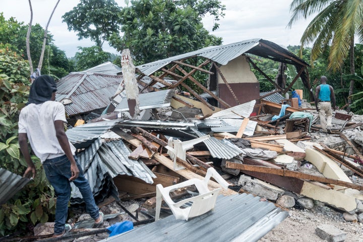 A destroyed home is viewed after the earthquake near Camp-Perrin, Haiti on August 16, 2021.