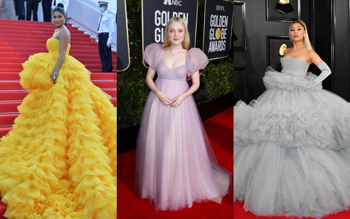 Farhana Bodi (left), Dakota Fanning and Arianna Grande are among the celebrities who've graced red carpets with their princess gowns.