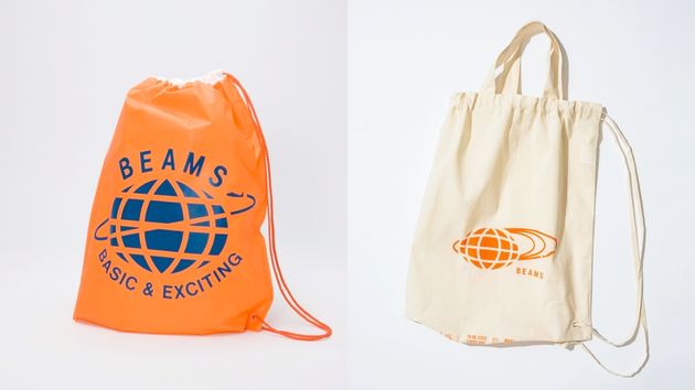 オレンジ色が印象的なBEAMSのショッパー。写真（左）は、1987年から2006年にかけて使用されていたもの。現在は、有償のコットン製バッグになっています（右）。紙製のショッピングバッグは無償です。