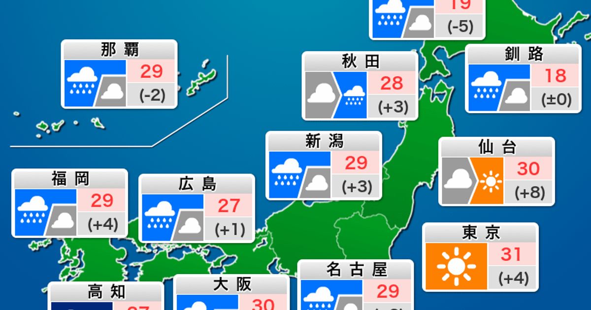 関東は久々に晴れ、厳しい暑さに。西日本から東海では激しい雨のおそれ