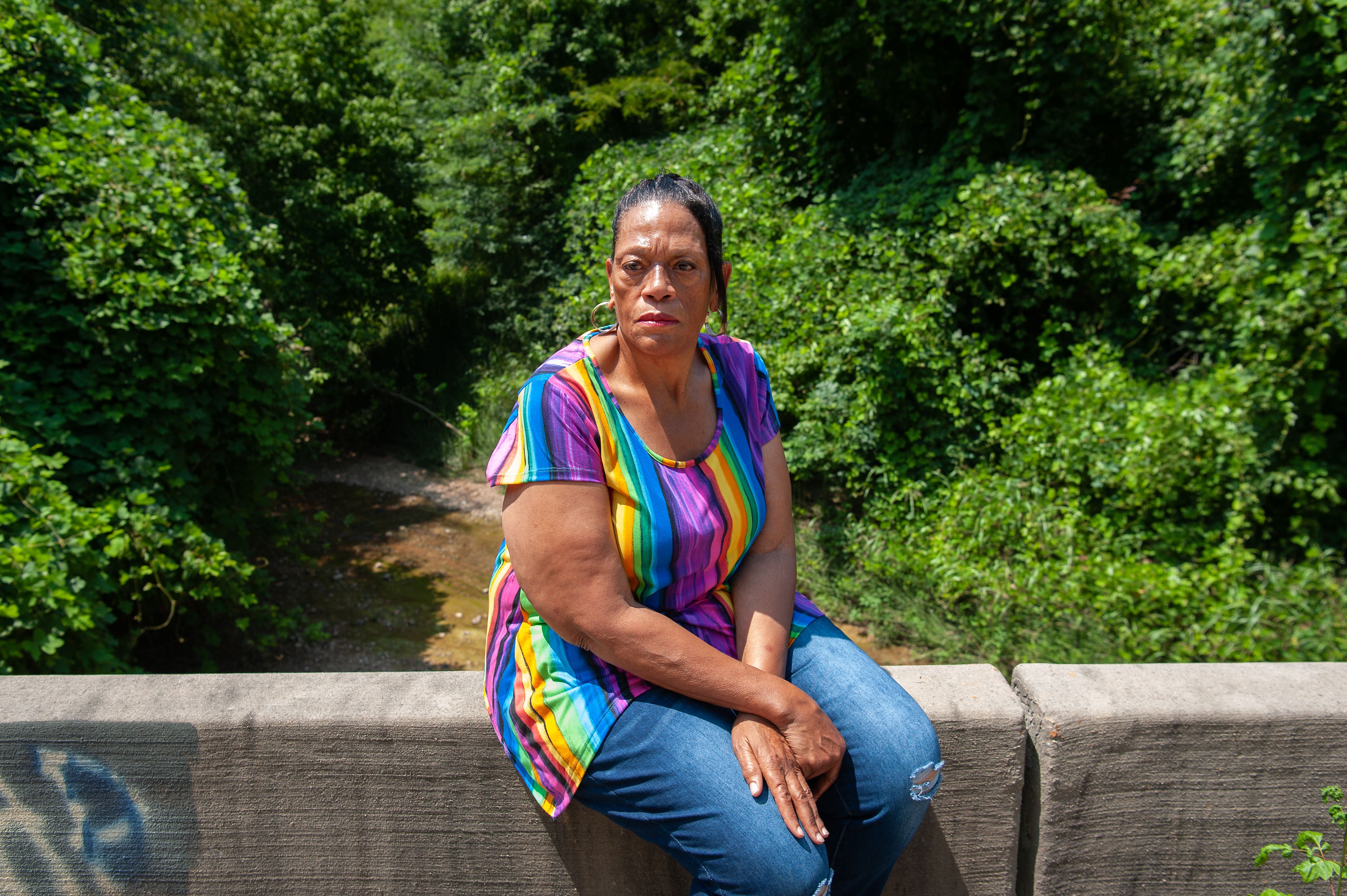 Gas victim Thelma Brown in July, near the site where two of her sons and one of her nephews were rescued in Satartia.<br><strong>Rory Doyle for HuffPost</strong>