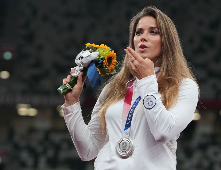 Maria Andrejczyk of Poland reacts during the award ceremony at the Tokyo 2020 Olympic Games on Aug. 7, 2021.