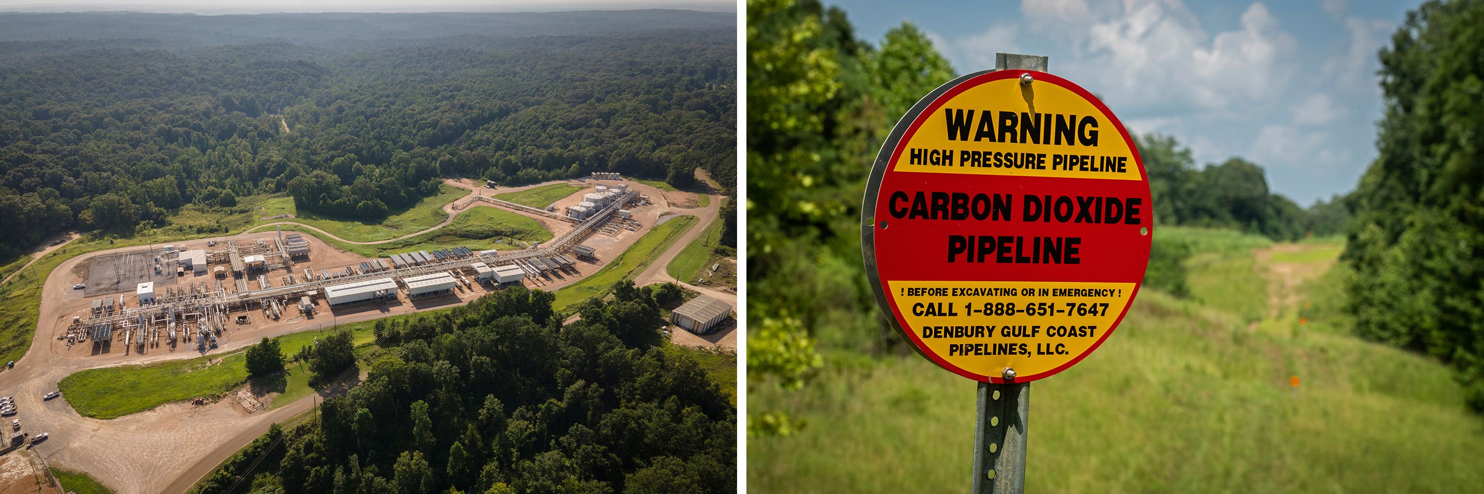 Left: The Tinsley oil field in Tinsley, Mississippi, on July 23, 2021. Right: A CO2 gas pipeline remains active in Satartia, Mississippi, that same day.Rory Doyle for HuffPost