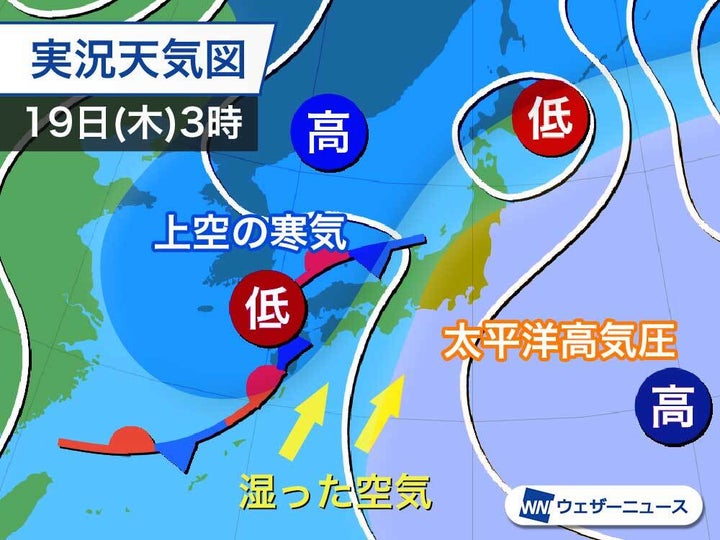 19日(木)3時の実況天気図