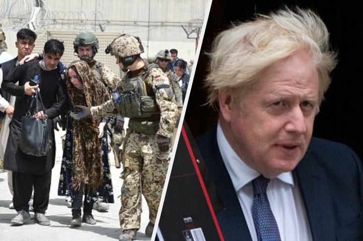 Soldiers helping a woman in Afghanistan and prime minister Boris Johnson