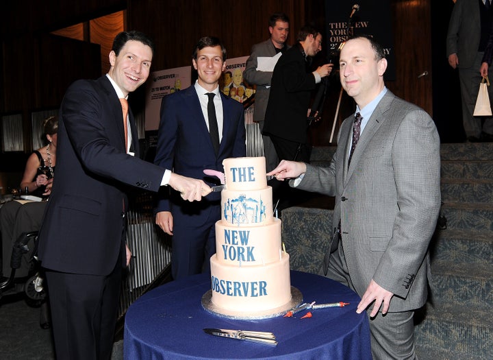 Then-New York Observer publisher Jared Kushner, center, CEO Joseph Meyer, left, and editor Ken Kurson attend The New York Observer's 25th anniversary party at The Four Seasons Restaurant on March 14, 2013, in New York.