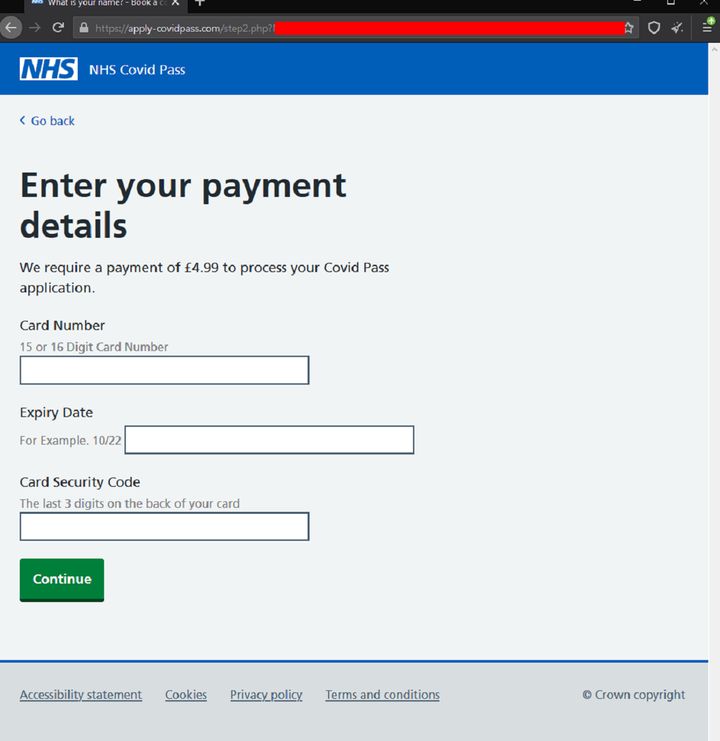 The fraudulent website has been designed to look identical to an official NHS page
