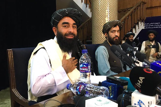 Taliban spokesperson Zabihullah Mujahid during the Taliban's first press