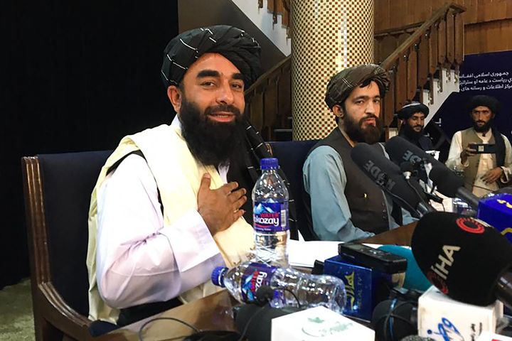 Taliban spokesperson Zabihullah Mujahid during the Taliban's first press conference