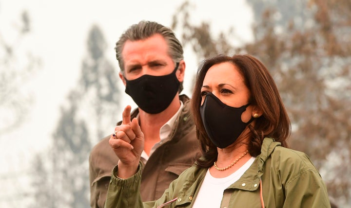 Harris and Newsom survey wildfire damage together in California last summer. 