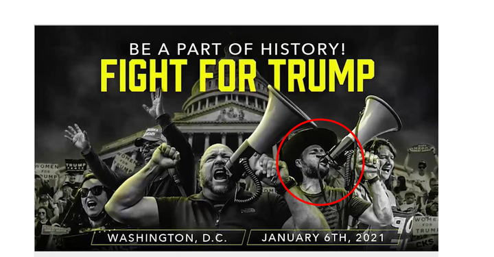 A promotional photo for Jan. 6 action featuring Alex Jones and Owen Shroyer (circled), submitted as evidence in the new criminal complaint against Shroyer.