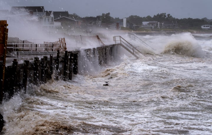 Waves pound a seawall in Montauk, N.Y., Sunday, Aug. 22, 2021, as Tropical Storm Henri affects the Atlantic coast. (AP Photo/Craig Ruttle)