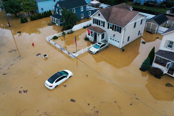 An aerial view of flooded streets in Helmetta, New Jersey, on Aug. 22, 2021.