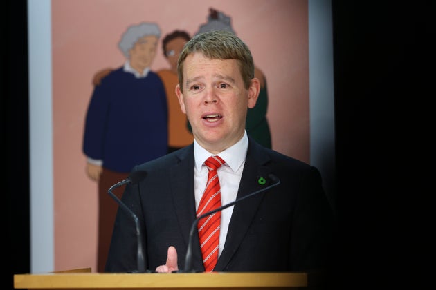 Minister for COVID-19 Response Chris Hipkins speaks to media during a press conference at Parliament...